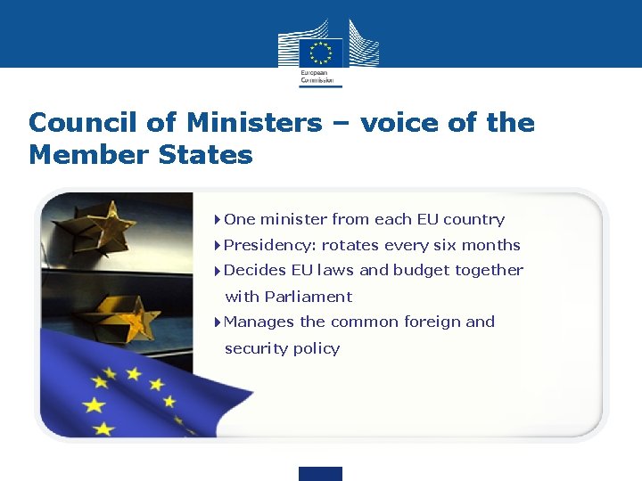 Council of Ministers – voice of the Member States 4 One minister from each