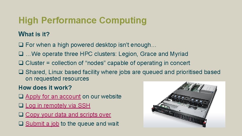 High Performance Computing What is it? q For when a high powered desktop isn’t High Performance Computing What is it? q For when a high powered desktop isn’t