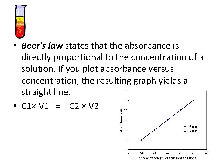 • Beer's law states that the absorbance is directly proportional to the concentration • Beer's law states that the absorbance is directly proportional to the concentration