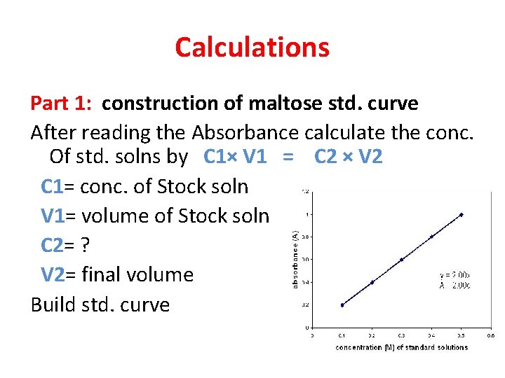 Calculations Part 1: construction of maltose std. curve After reading the Absorbance calculate the Calculations Part 1: construction of maltose std. curve After reading the Absorbance calculate the