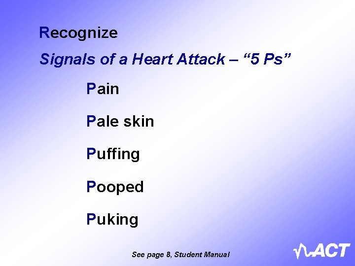 Recognize Signals of a Heart Attack – “ 5 Ps” Pain Pale skin Puffing