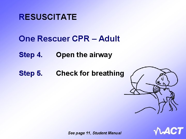 RESUSCITATE One Rescuer CPR – Adult Step 4. Open the airway Step 5. Check