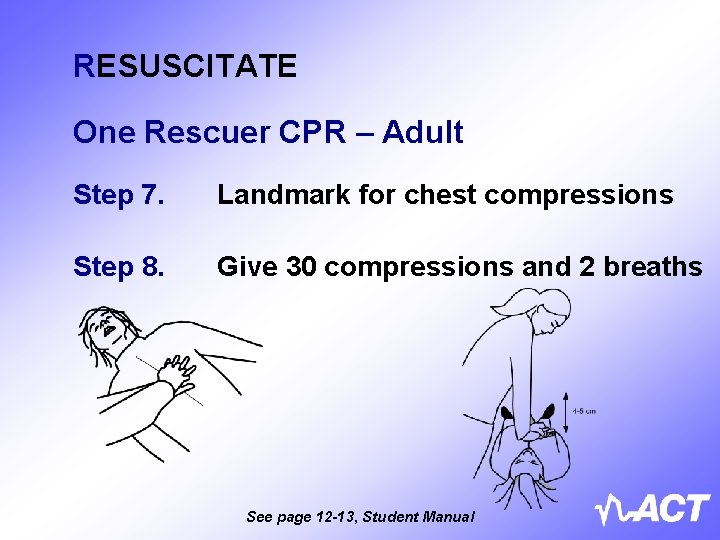 RESUSCITATE One Rescuer CPR – Adult Step 7. Landmark for chest compressions Step 8.