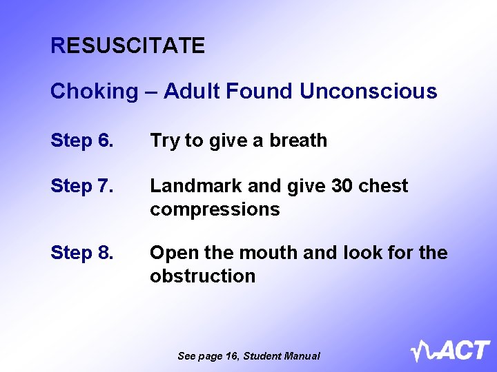 RESUSCITATE Choking – Adult Found Unconscious Step 6. Try to give a breath Step