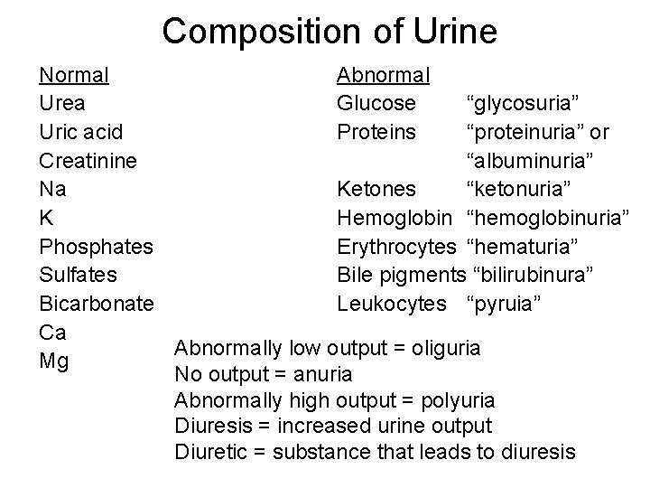 Composition of Urine Normal Abnormal Urea Glucose “glycosuria” Uric acid Proteins “proteinuria” or Creatinine