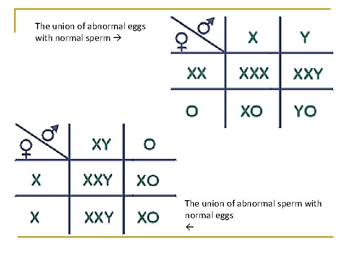 The union of abnormal eggs with normal sperm The union of abnormal sperm with