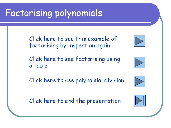 Factorising polynomials Click here to see this example of factorising by inspection again Click