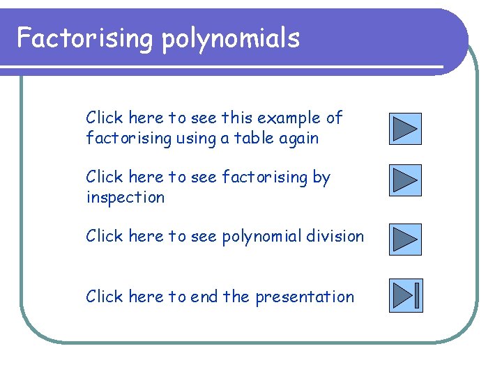 Factorising polynomials Click here to see this example of factorising using a table again