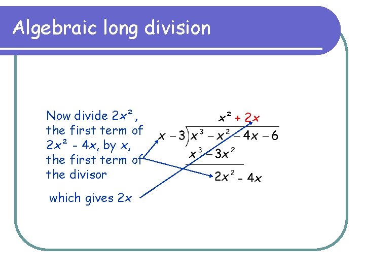 Algebraic long division Now divide 2 x², the first term of 2 x² -