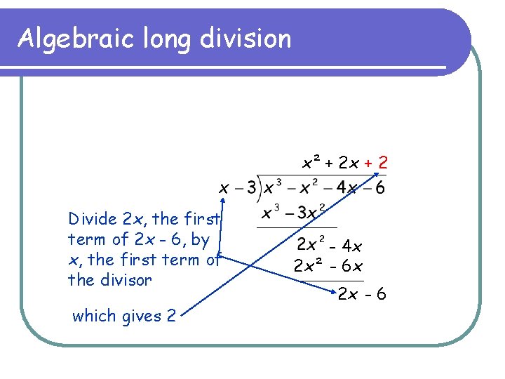 Algebraic long division x² + 2 x + 2 Divide 2 x, the first