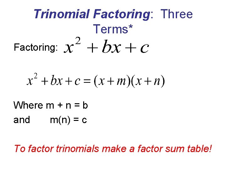 Trinomial Factoring: Three Terms* Factoring: Where m + n = b and m(n) =