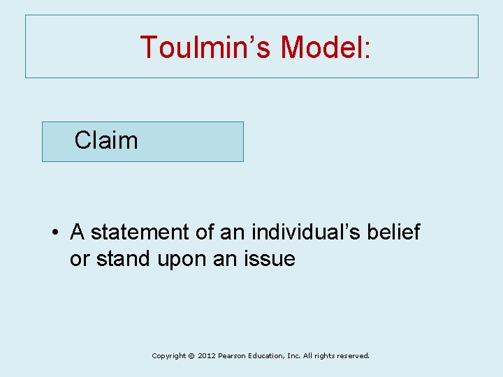 Toulmin’s Model: Claim • A statement of an individual’s belief or stand upon an