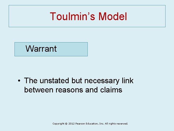 Toulmin’s Model Warrant • The unstated but necessary link between reasons and claims Copyright