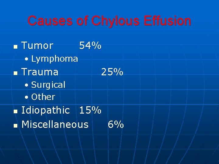 Causes of Chylous Effusion n Tumor 54% • Lymphoma n Trauma 25% • Surgical Causes of Chylous Effusion n Tumor 54% • Lymphoma n Trauma 25% • Surgical