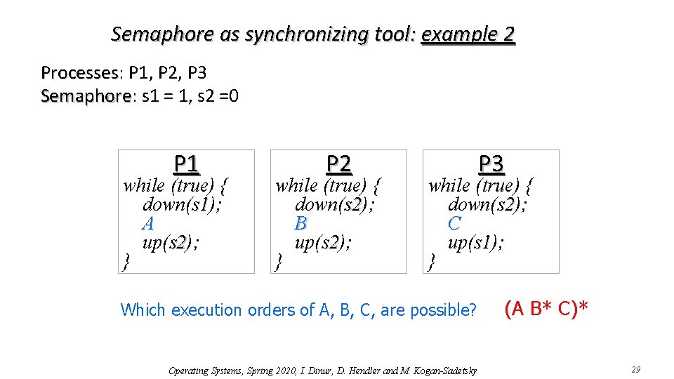 Semaphore as synchronizing tool: example 2 Processes: P 1, P 2, P 3 Processes