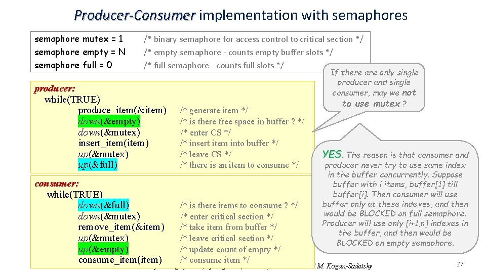 Producer-Consumer implementation with semaphores Producer-Consumer semaphore mutex = 1 semaphore empty = N semaphore