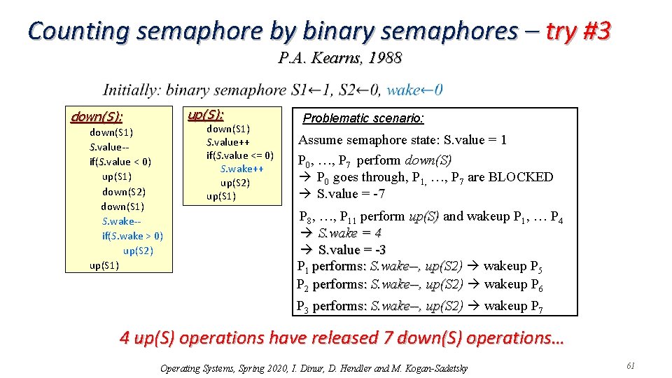 Counting semaphore by binary semaphores – try #3 P. A. Kearns, 1988 up(S): down(S):