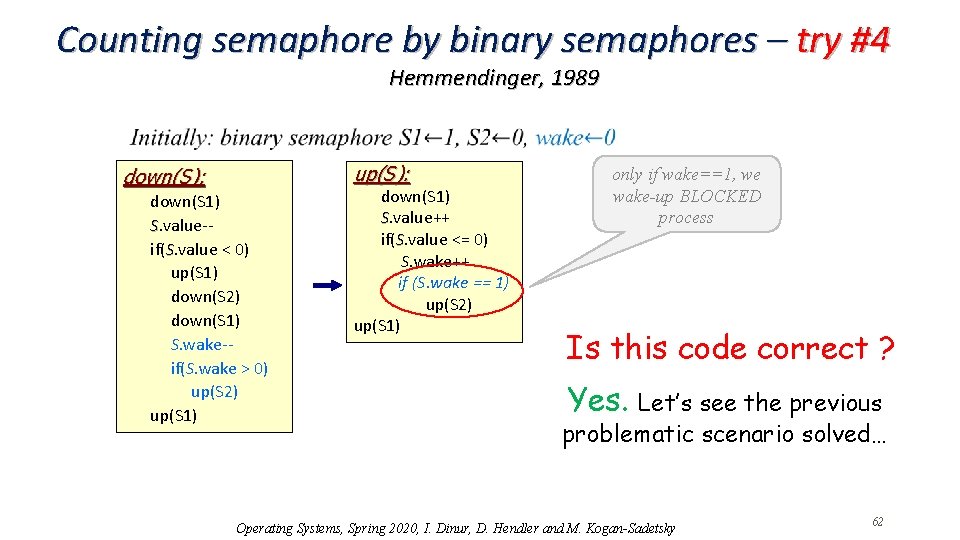 Counting semaphore by binary semaphores – try #4 Hemmendinger, 1989 up(S): down(S): down(S 1)