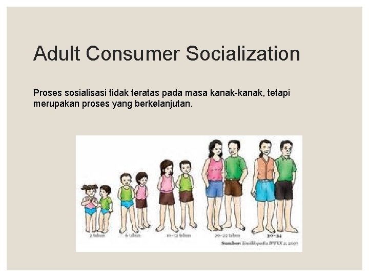 Adult Consumer Socialization Proses sosialisasi tidak teratas pada masa kanak-kanak, tetapi merupakan proses yang