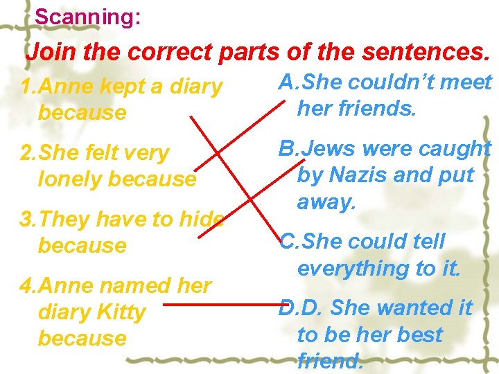 Scanning: Join the correct parts of the sentences. 1. Anne kept a diary because