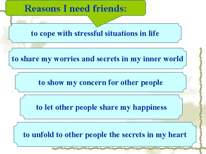 Reasons I need friends: to cope with stressful situations in life to share my