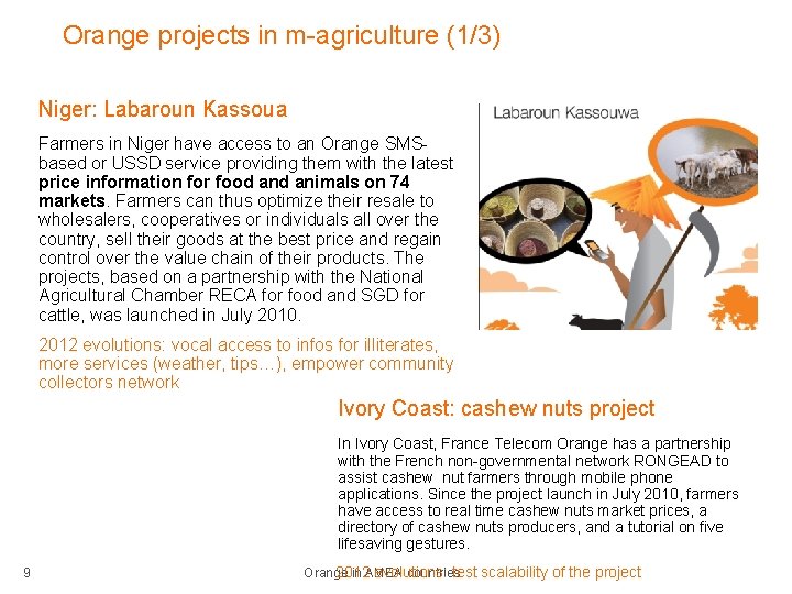 Orange projects in m-agriculture (1/3) Niger: Labaroun Kassoua Farmers in Niger have access to