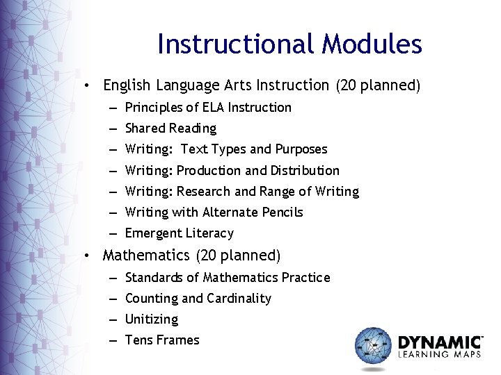 Instructional Modules • English Language Arts Instruction (20 planned) – Principles of ELA Instruction