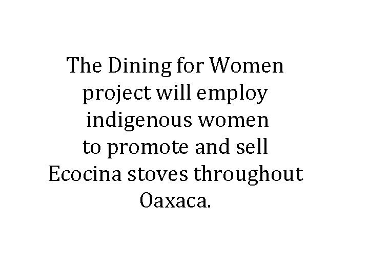 The Dining for Women project will employ indigenous women to promote and sell Ecocina