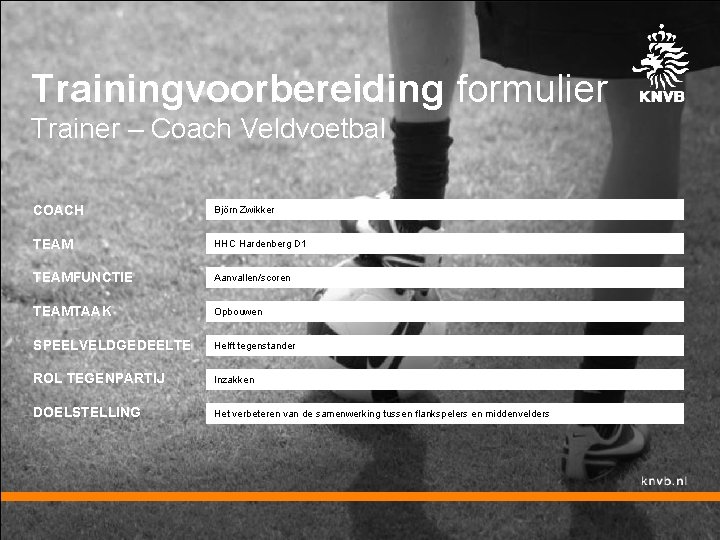 Trainingvoorbereiding formulier Trainer – Coach Veldvoetbal COACH Björn Zwikker TEAM HHC Hardenberg D 1