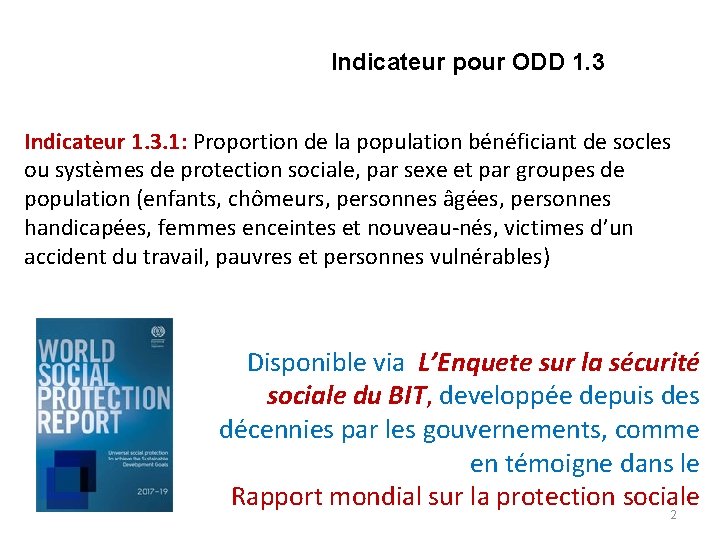Indicateur pour ODD 1. 3 Indicateur 1. 3. 1: Proportion de la population bénéficiant