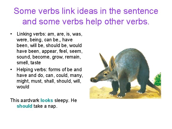 Some verbs link ideas in the sentence and some verbs help other verbs. • Some verbs link ideas in the sentence and some verbs help other verbs. •