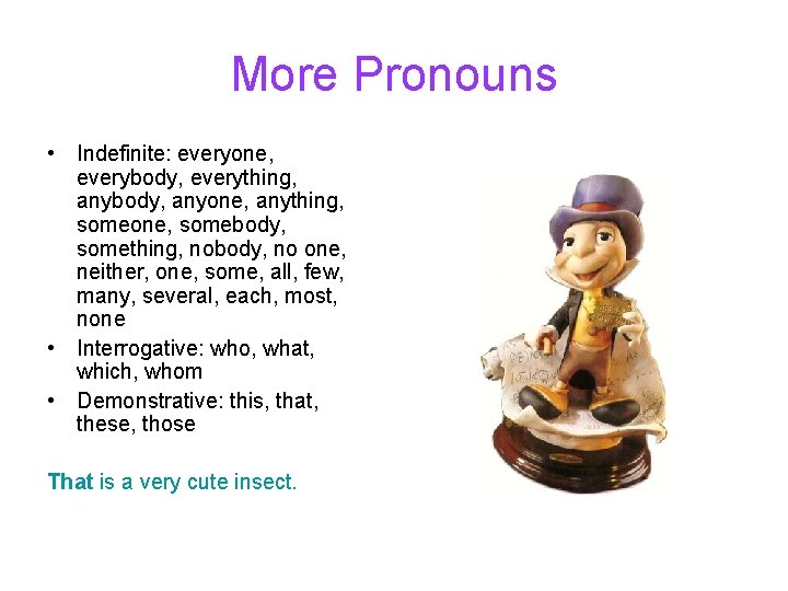 More Pronouns • Indefinite: everyone, everybody, everything, anybody, anyone, anything, someone, somebody, something, nobody, More Pronouns • Indefinite: everyone, everybody, everything, anybody, anyone, anything, someone, somebody, something, nobody,