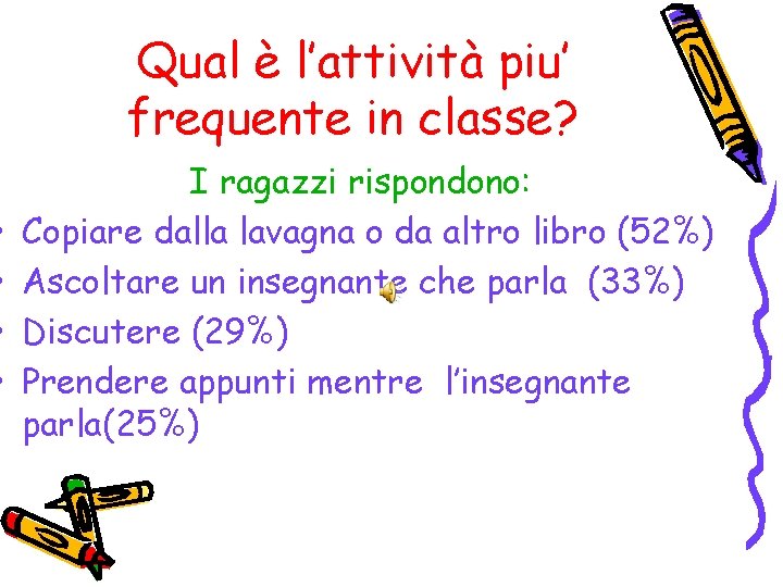  • • Qual è l’attività piu’ frequente in classe? I ragazzi rispondono: Copiare