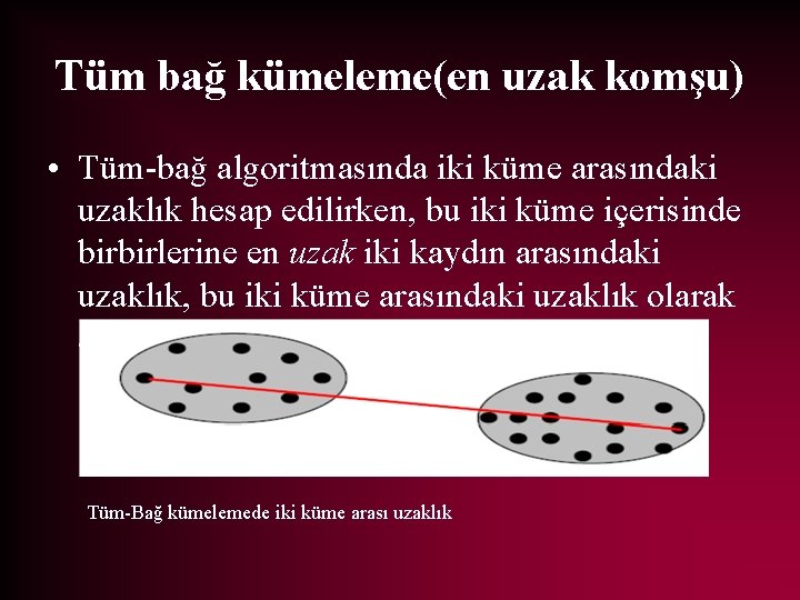 Tüm bağ kümeleme(en uzak komşu) • Tüm-bağ algoritmasında iki küme arasındaki uzaklık hesap edilirken,
