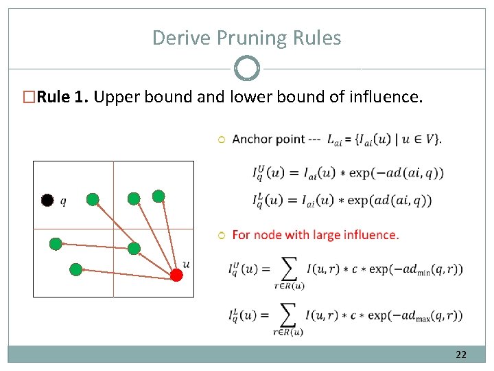 Derive Pruning Rules �Rule 1. Upper bound and lower bound of influence. 22 