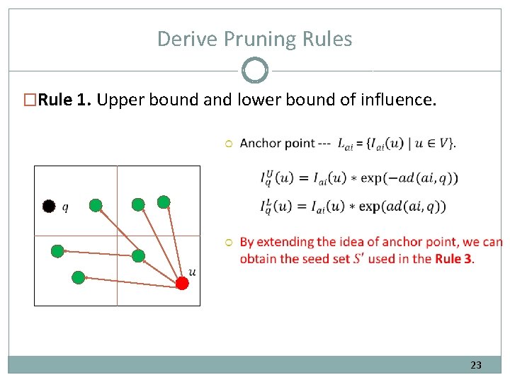 Derive Pruning Rules �Rule 1. Upper bound and lower bound of influence. 23 