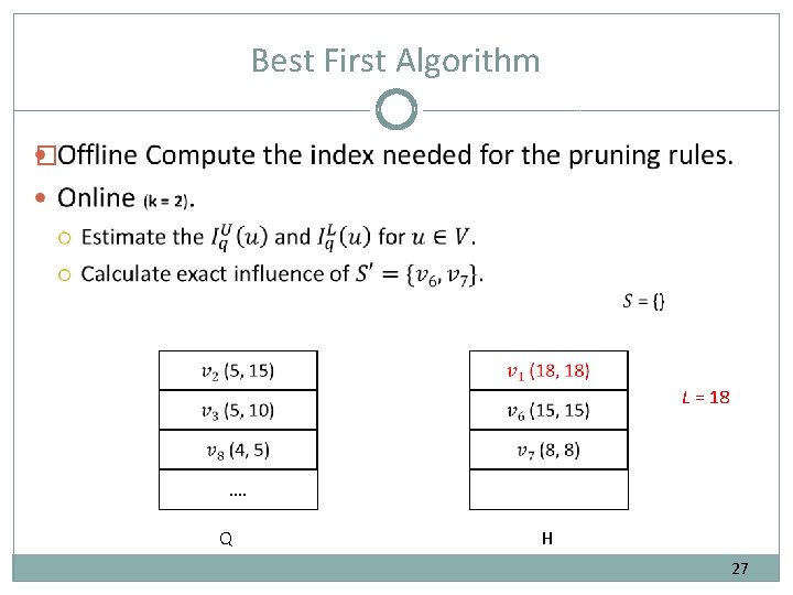 Best First Algorithm � L = 18 …. Q H 27 