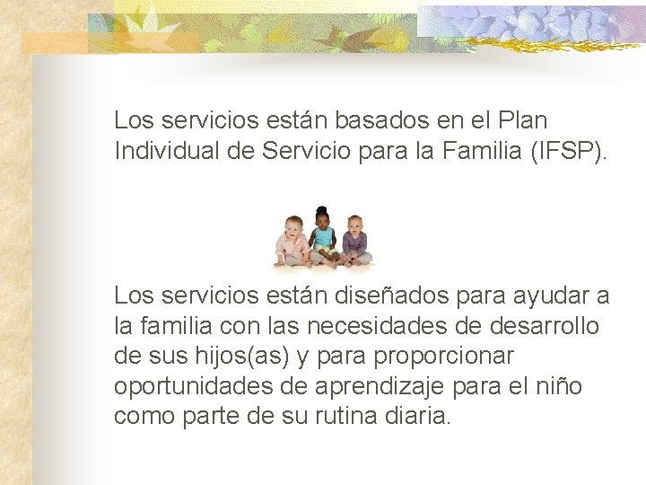 Los servicios están basados en el Plan Individual de Servicio para la Familia (IFSP).