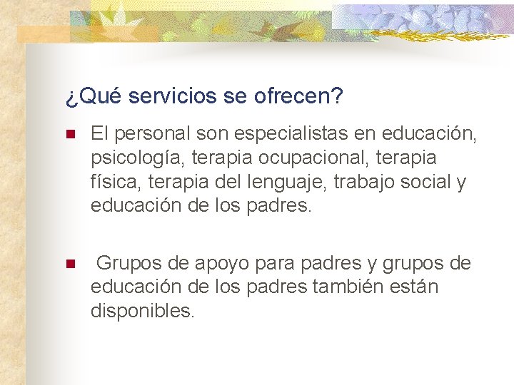 ¿Qué servicios se ofrecen? n El personal son especialistas en educación, psicología, terapia ocupacional,