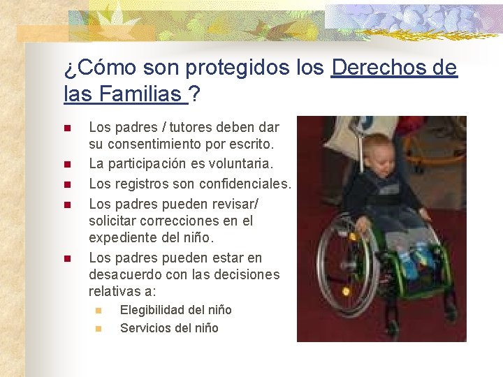 ¿Cómo son protegidos los Derechos de las Familias ? n n n Los padres