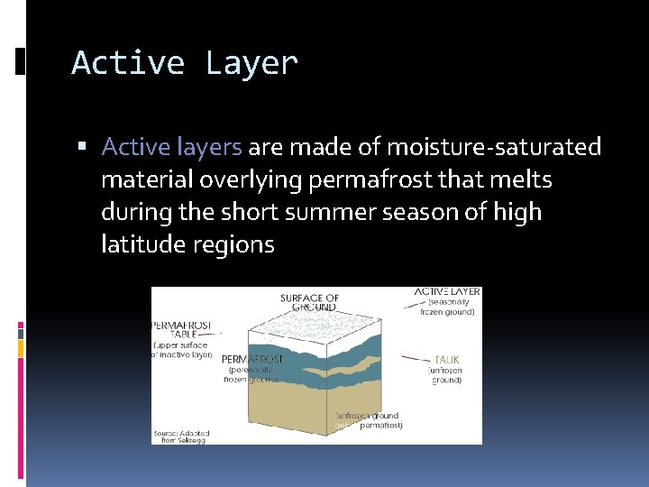 Active Layer Active layers are made of moisture-saturated material overlying permafrost that melts during Active Layer Active layers are made of moisture-saturated material overlying permafrost that melts during
