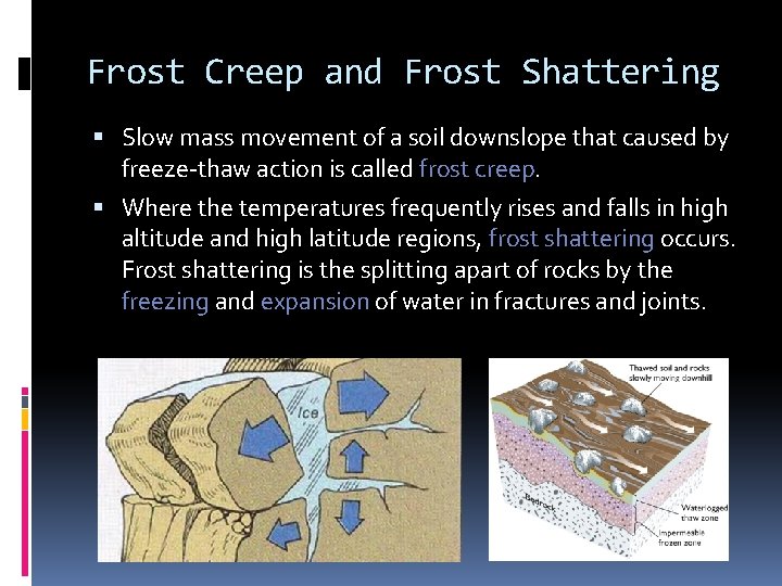 Frost Creep and Frost Shattering Slow mass movement of a soil downslope that caused Frost Creep and Frost Shattering Slow mass movement of a soil downslope that caused