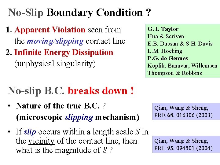 No-Slip Boundary Condition ? 1. Apparent Violation seen from the moving/slipping contact line 2.