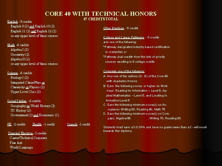 CORE 40 WITH TECHNICAL HONORS 47 CREDITS TOTAL English -8 credits English 9 (2)