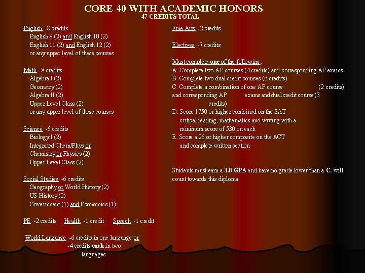 CORE 40 WITH ACADEMIC HONORS 47 CREDITS TOTAL English -8 credits English 9 (2)