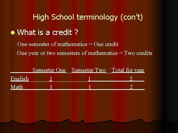 High School terminology (con’t) l What is a credit ? One semester of mathematics