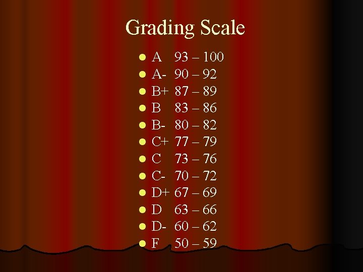 Grading Scale l l l A 93 – 100 A- 90 – 92 B+