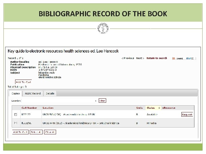 BIBLIOGRAPHIC RECORD OF THE BOOK 