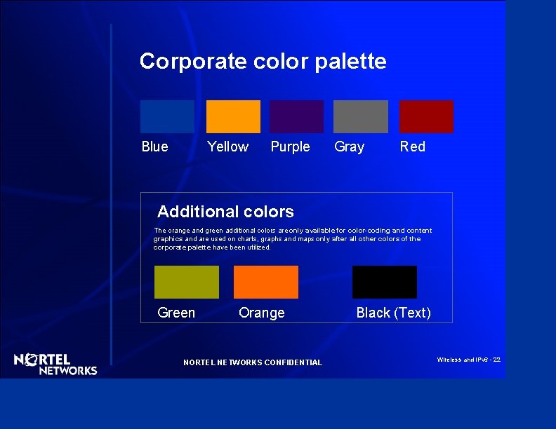 Corporate color palette Blue Yellow Purple Gray Red Additional colors The orange and green