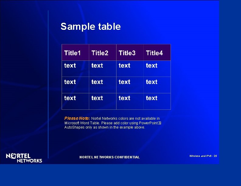 Sample table Please Note: Nortel Networks colors are not available in Microsoft Word Table.